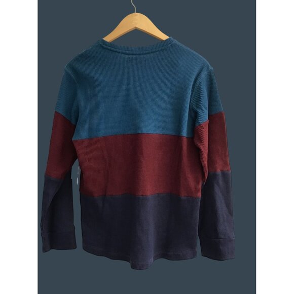 Univibe Colorblock Long Sleeve Crewneck Waffle Knit Shirt XL Cotton/Polyester Bl - Picture 2 of 7